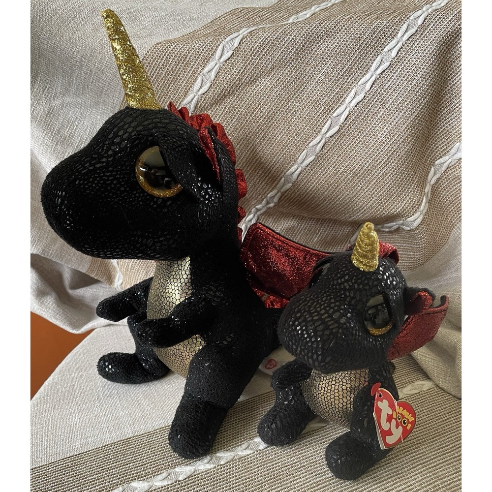 Ty Beanie Boos Unicorn Dragon Grindal 6" and 9" Plush Black And Red